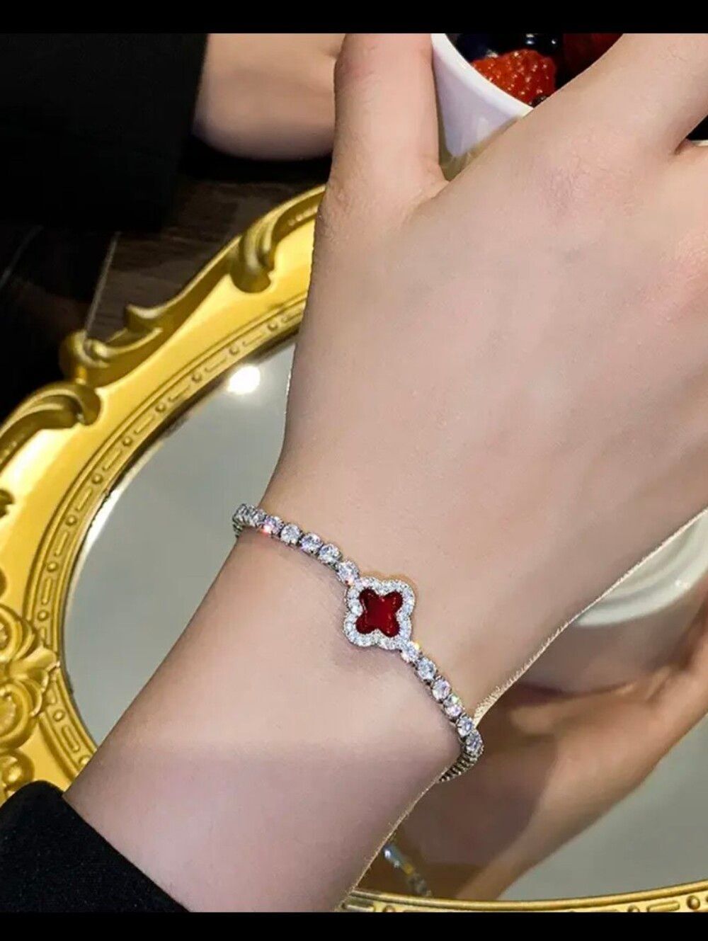 Silver and Red Diamond Clover Bracelet